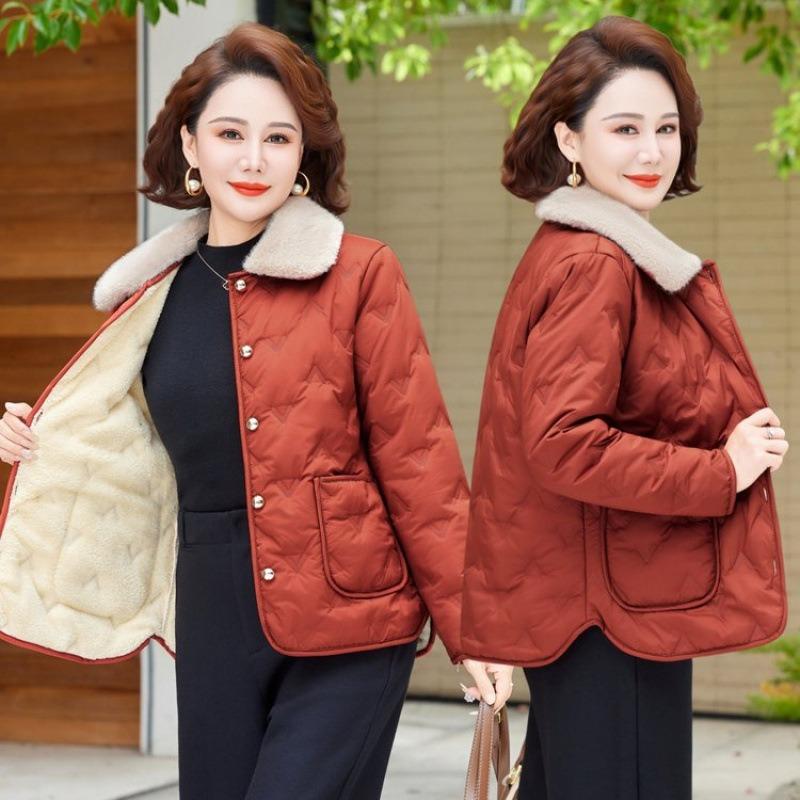Women's Clothing Fleece Warm Low-fleece Cotton Jacket Simple Commuting Fur Collar Middle-aged Autumn and Winter Cotton-padded Clothes