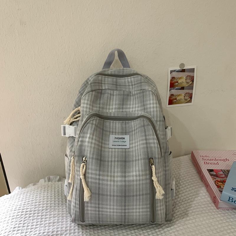 2025 New Plaid Cotton and Linen Double Backpack for Girls To Travel Lightly and Go Out Daily with Backpack Schoolbag
