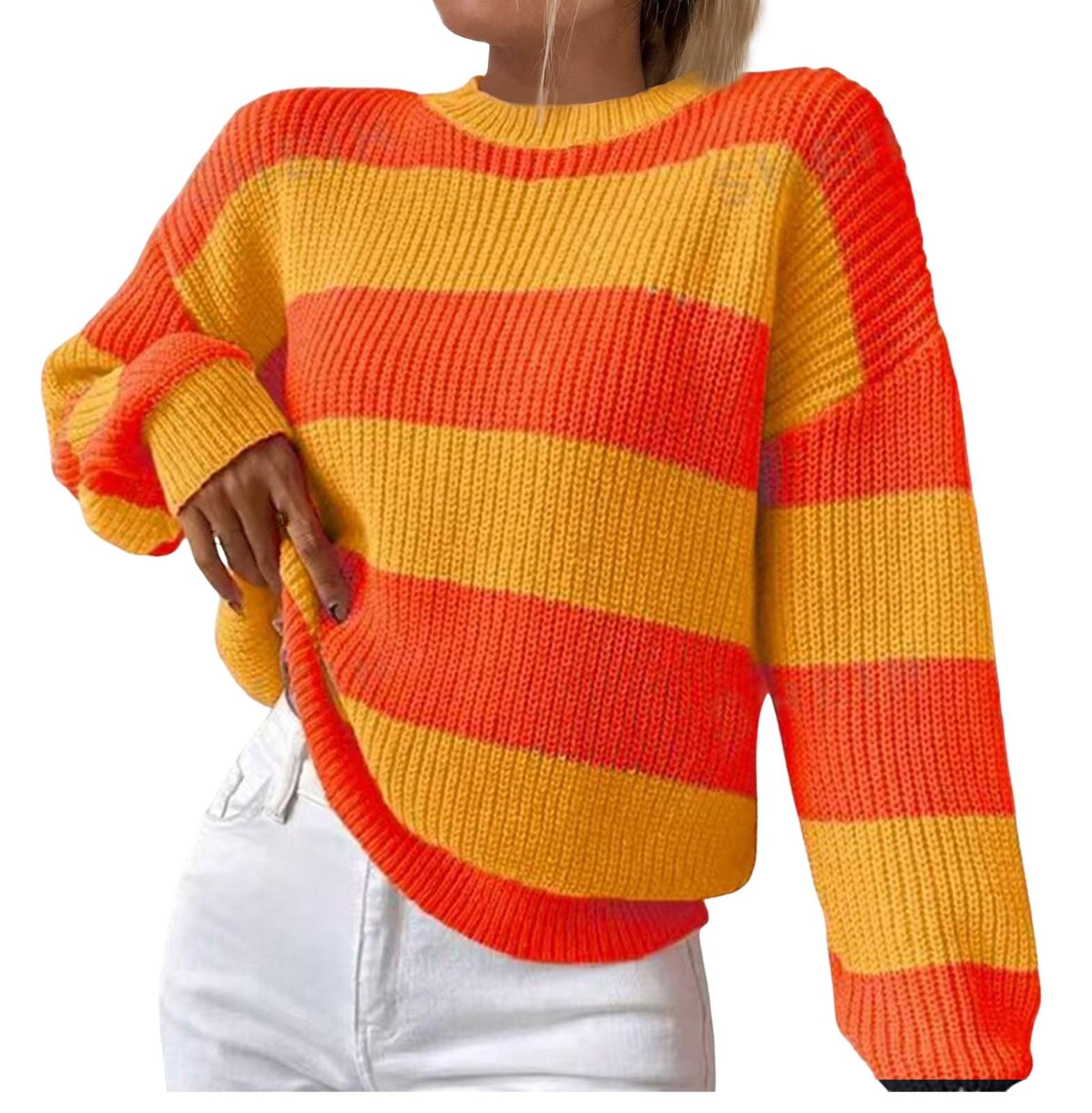 

Женский повседневный полосатый свитер с длинными рукавами, пуловер с круглым вырезом, топ-свитер M оранжевый