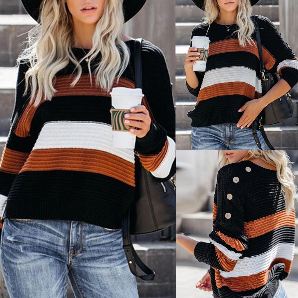 

Women s Long Sleeve Striped Color Block Casual Loose Knitted Pullover