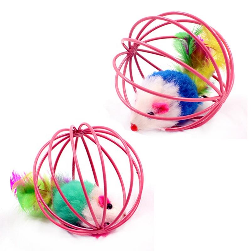 Cat Toy Plush Mouse Metal Cage Interactive Exercise Feather Ball Fun Durable Kitty Play Toy Crinkle Sound Lifelike