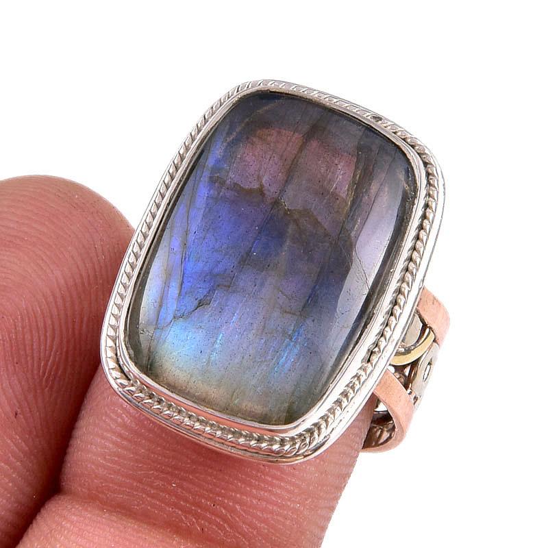

Natural Labradorite Gemstone Handmade 925 Sterling Silver Two Tone Ring S.8 P6m38
