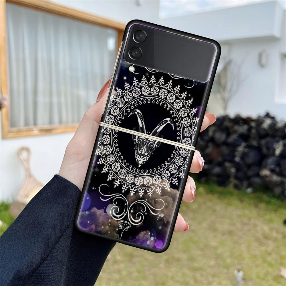Luxury Case For Samsung Galaxy Z Flip 4 3 5G Black PC Hard Phone Cases Fashion Back Cover ZFlip Funda Mandala 12 Constellations
