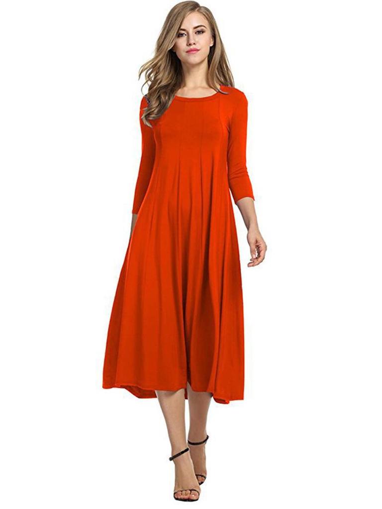 2024 Damen Sommer Mode Rundhals Mittellange Ärmel Einfarbig Großes Schwingkleid