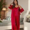 Elegantes Satin-Seiden-Pyjama-Set für Damen: Sommer-Feder-Bademantel, Langarm-Oberteil, Camisole & Hose - 1019