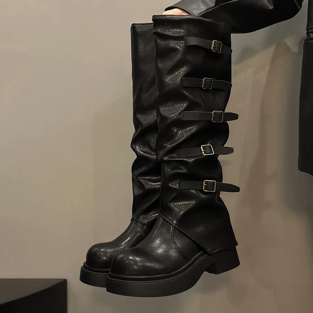 Fashion Brand New Buckle Strap Wasteland Vintage Brown Y2k Knee High Motorcycle Boots Maillard Style Black Trouser Leg Boots Women Shoes
