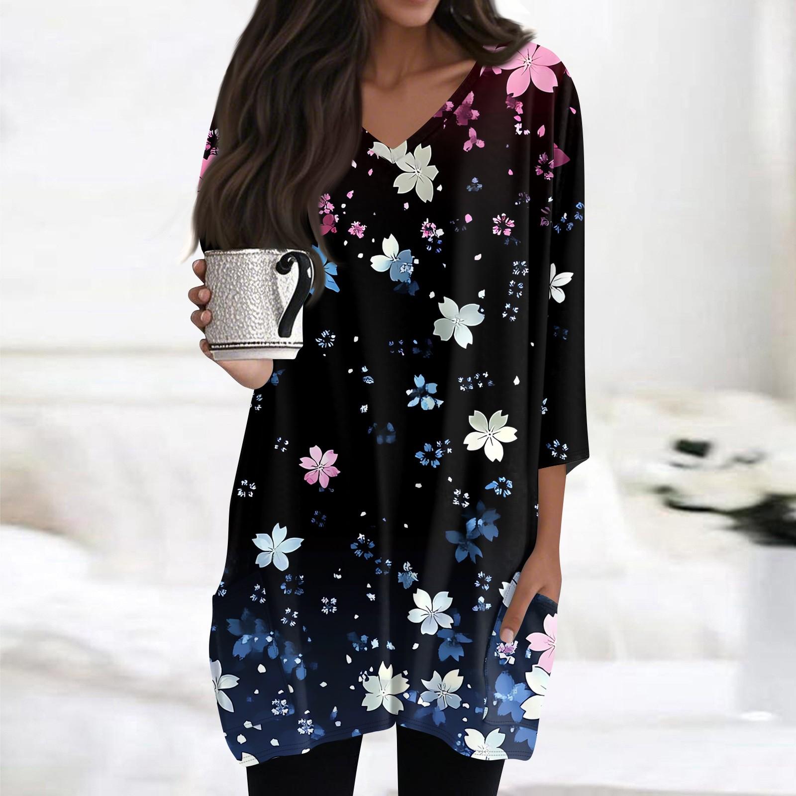 

Женские топы с V-образным вырезом и рукавом 3/4 Блузки Повседневные рубашки средней длины Модные принты Туники Топы с карманами XXXL синий