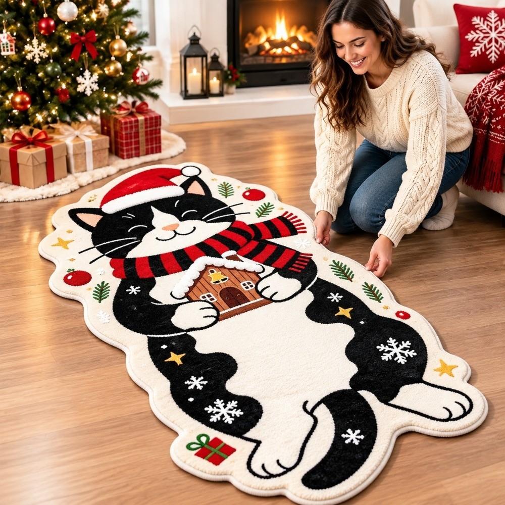 Soft Plush Cartoon Doormat Carpet Christmas Theme Pattern Cat Shaped Mat Entryway