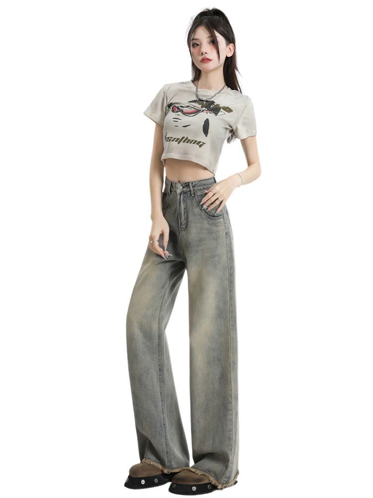 Washed Ragged Do Old Wide Leg Jeans Women's High-waisted Vintage Large Size Loose Straight Thin Draped Trousers Jeans for Women Long Denim Pants