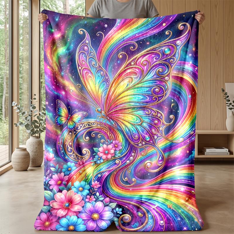 Rainbow Butterflies and Flowers Theme Blanket Lightweight Warm Flannel Blanket Decorative Throw Blanket for Home Decoration