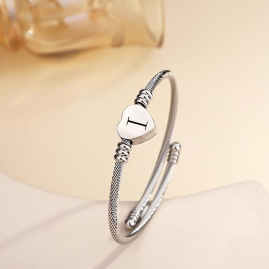 Silver Heart Initials Bracelet A-Z Letter Engraved Cuff Bracelets Titanium Steel Bangle Birthday Jewelry Gift for Women