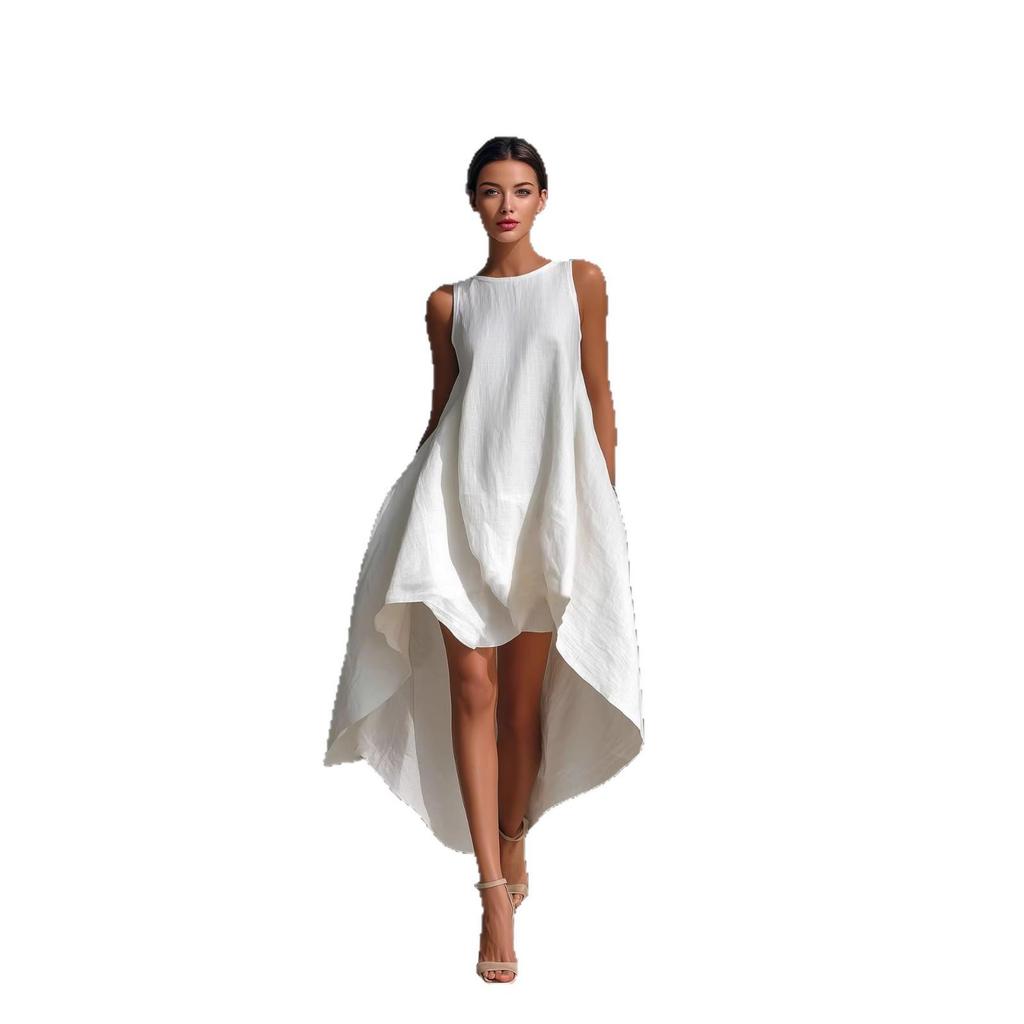 White Asymmetrical Hem Sleeveless Maxi Dress