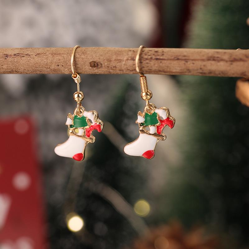 New Christmas Drip Oil Stud Earrings: Red & Green Tree, Snowman, Boots, Bells – Cute Cartoon Jewelry