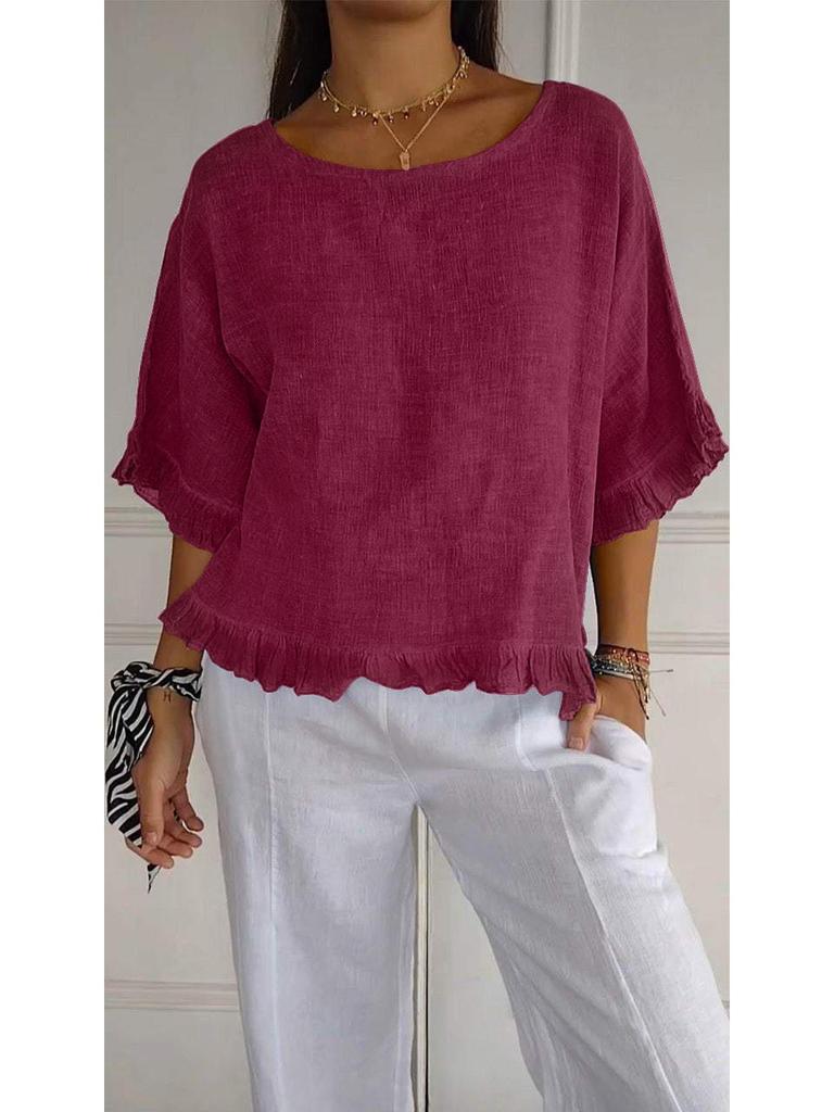 2025 Women's Loose Fit Short Sleeve Cotton Linen Shirt - Solid Color, Round Neck, European & American Style.