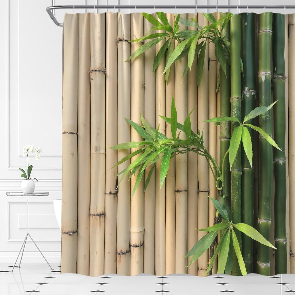 Bamboo Shower Curtain Green Leaf Zen Spa Japanese Asian Nature Rustic Farmhouse Bathroom Curtain Fabric with Hooks(70" WX70 H)