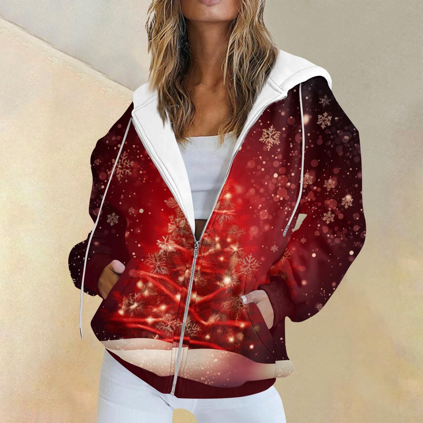 

Женская модная повседневная толстовка с рождественским принтом и длинными рукавами, карманная куртка, пальто с капюшоном на молнии XL винный