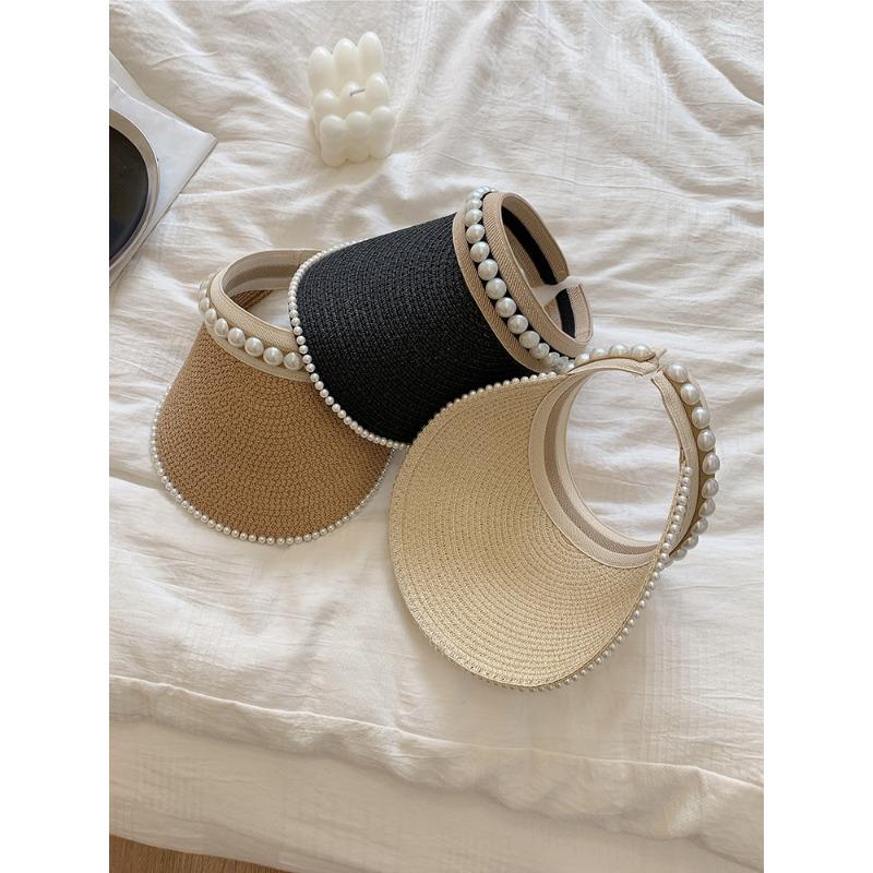 Straw pearl sun hat headband empty top straw hat women's summer hairpin no top cover face sun hat outdoor