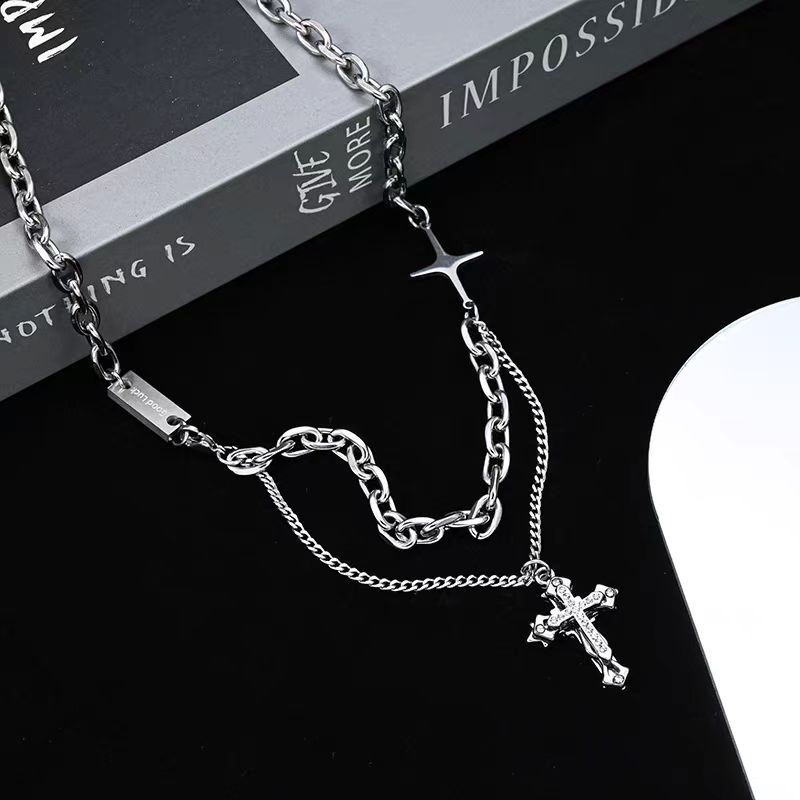 Necklace Trendy Men Stacked Cross Pendant Lettering Titanium Steel Niche Design Hip Hop Ins High Street Accessories