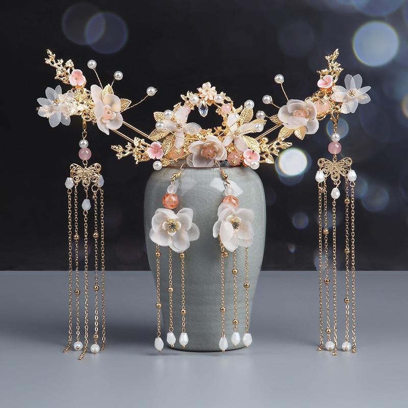 Ancient Chinese Style Headdress Female Ancient Style Tassel Hair Plug Gold Hairpin Bridal Hair Comb Girls Hair Crown Ornaments Set