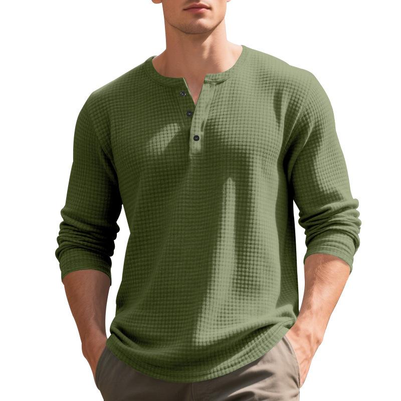 Men's Jacquard Small Square Buckle Henley Long Sleeve Retro Base T-shirt