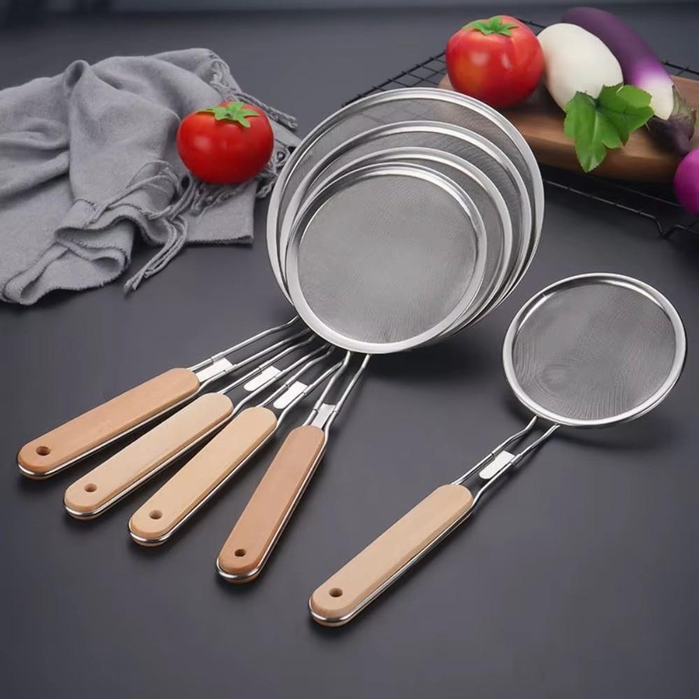 Fine Mesh Stainless Steel Strainer Wooden Handle Flour Filter Durable Oil Strainer