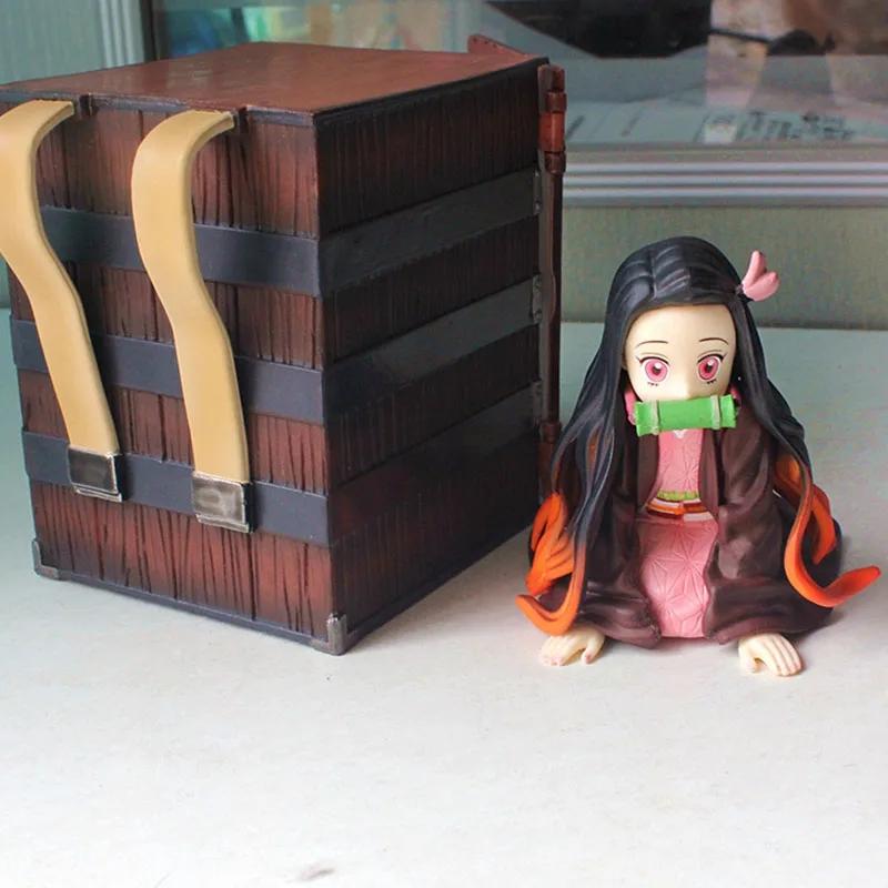 9CM Anime Figure Demon Slayer Kamado Nezuko Kawaii Miniature Kneeling Pose Figure PVC With Case Backpack Box Tabletop Gift Toy