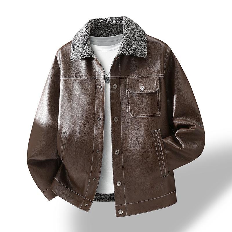 Fleece warm men's leather jacket pu leather lapel large size loose windproof waterproof leather jacket men