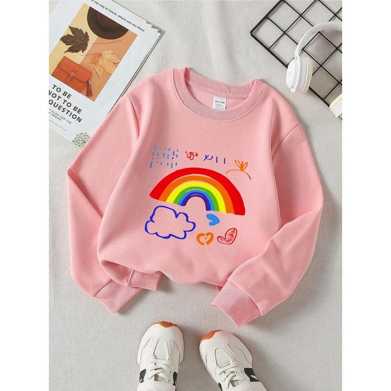 Kids Unisex Crewneck Sweatshirt, Kids Hand Drawn Rainbow Cloud Hearts Doodle Print Soft Fleece Pullover For Kids Over 4 Years Old