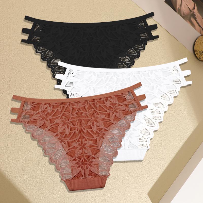 3Pcs Women's Three Belts Underwear Sexy Lace Hollow Out Panties Female Low-Waist Breathable Briefs Stretch Soft Lingerie