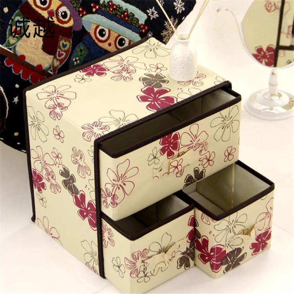 

Качественный складной ящик для хранения из нетканого материала с 3 утолщенными ящиками для трусов носков бюстгальтеров всякой всячины New High Blue Home