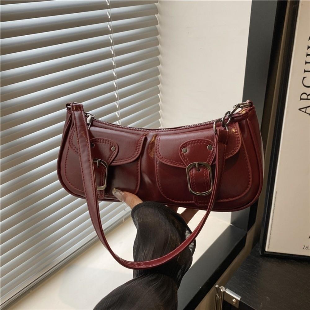 

Double Pockets Pu Leather Shoulder Bag Vintage Zipper Handbag Casual Women s Armpit Bag Hobo Bag красный