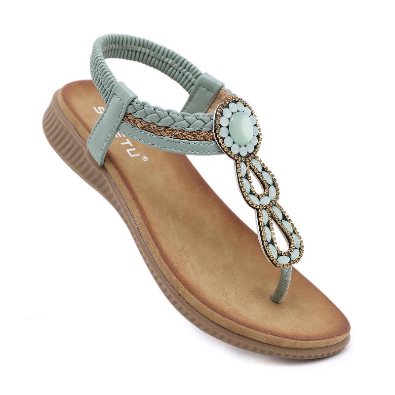New European And American Sandals Bohemian Rhinestones Comfortable Round Toe Seaside Vacation Flat Shoes Casual And Comfortable