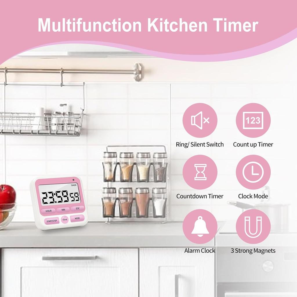 Multifunctional Kitchen Timer with Silent/Alert Mode, 24-Hour Clock, Memory Recall, Fast-Forward, and Magnetic Back for Cooking, Baking, Teaching
