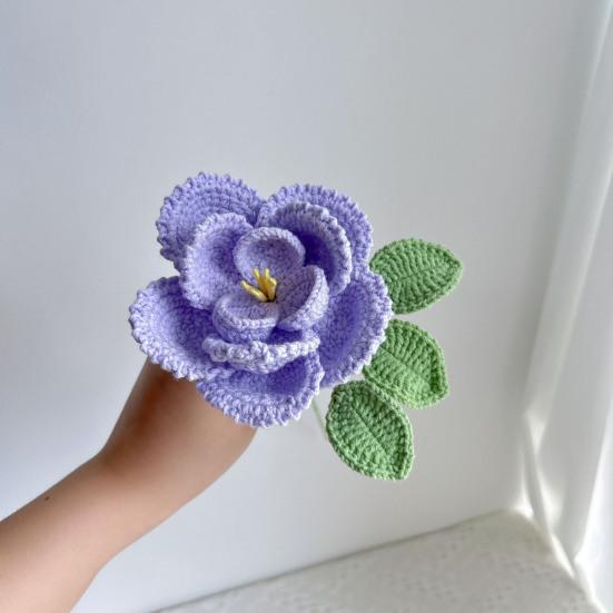 Buchet de bujor croșetat manual, din bumbac tricotat, cu frunze și tulpină lungă, pentru nuntă, decor de casă, cadouri de ziua de naștere și aniversare