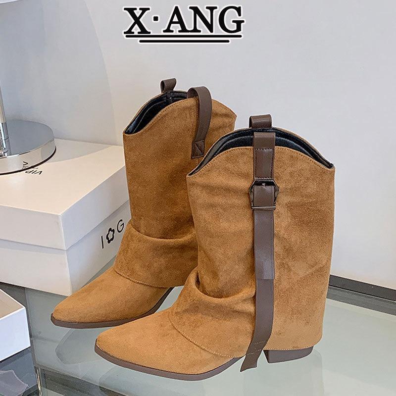 Cowhide Version Pointed Thick Heel Thin Trouser Boots Women's Retro Western Cowboy Boots Women's Maillard Brown Knight Boots