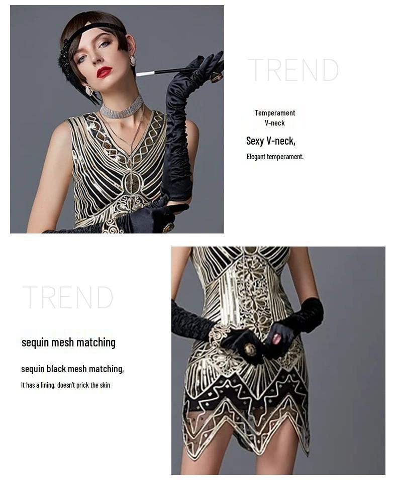 1920er Gatsby Perlenquastenkleid, Übergröße S-4XL - Damen Retro Formelles Pailletten Performance Kostüm.