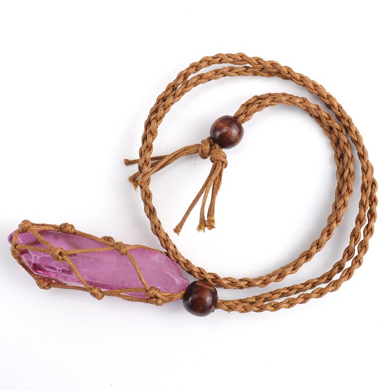 Dyed Natural Stone Crystal Column Mesh Pocket Handwoven Necklace Pendant, Adjustable Mesh Pocket Jewelry N561 pure natural