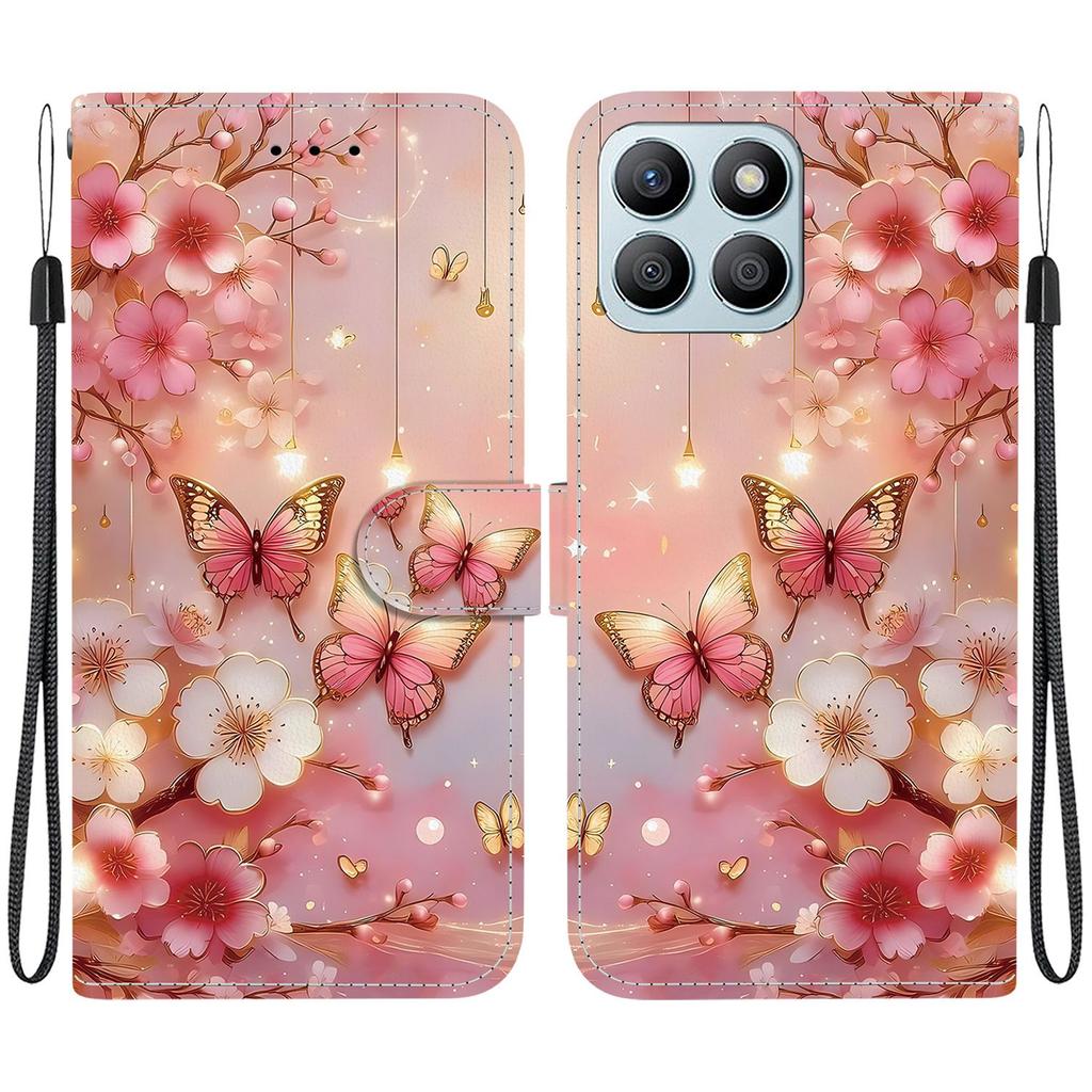 Handmade PU Leather Flip Case for Honor X8b Anti-Slip Shockproof Cover with Wrist Strap & Heart/Rose Cat Designs