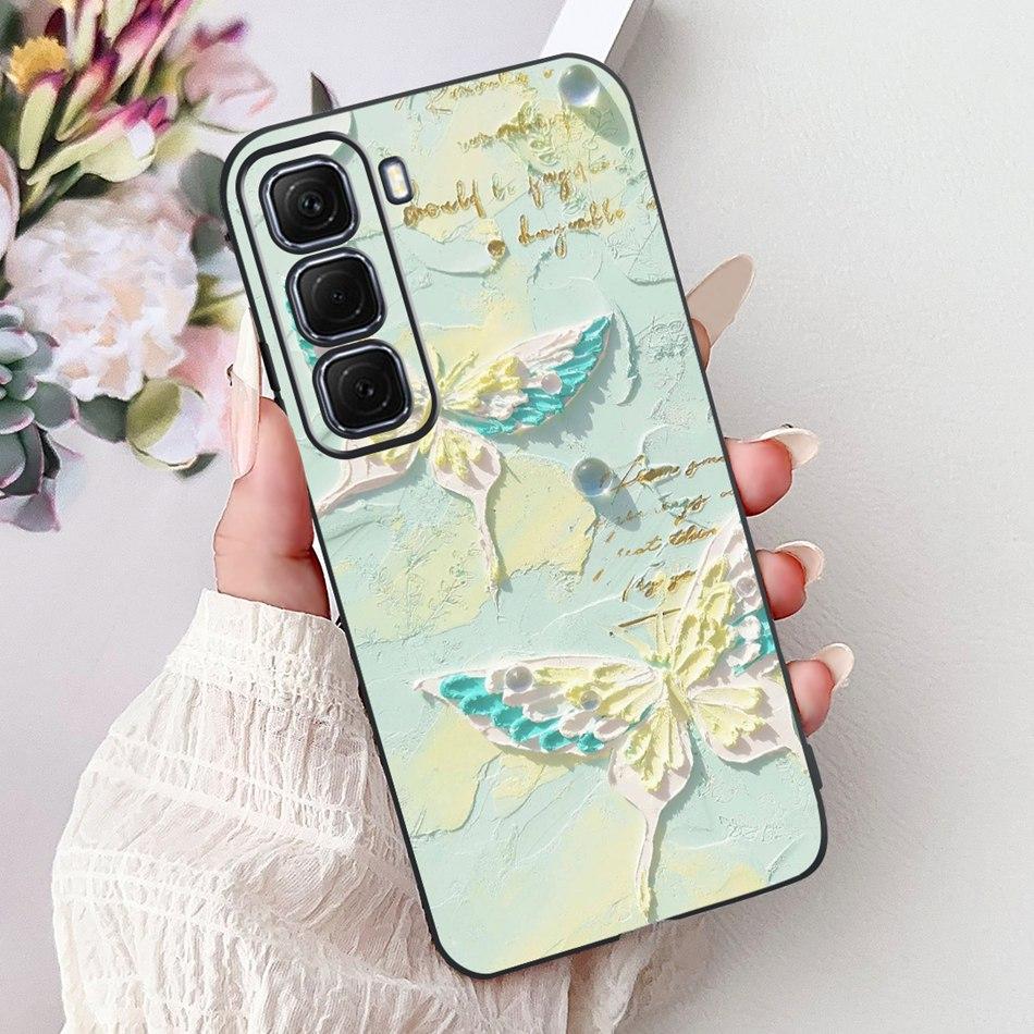 For Infinix Hot 50 4G Phone Case Hot 50 Pro+ 4G Hot50 Pro Elegant Floral Cat Pattern Black Silicone Soft TPU Cases
