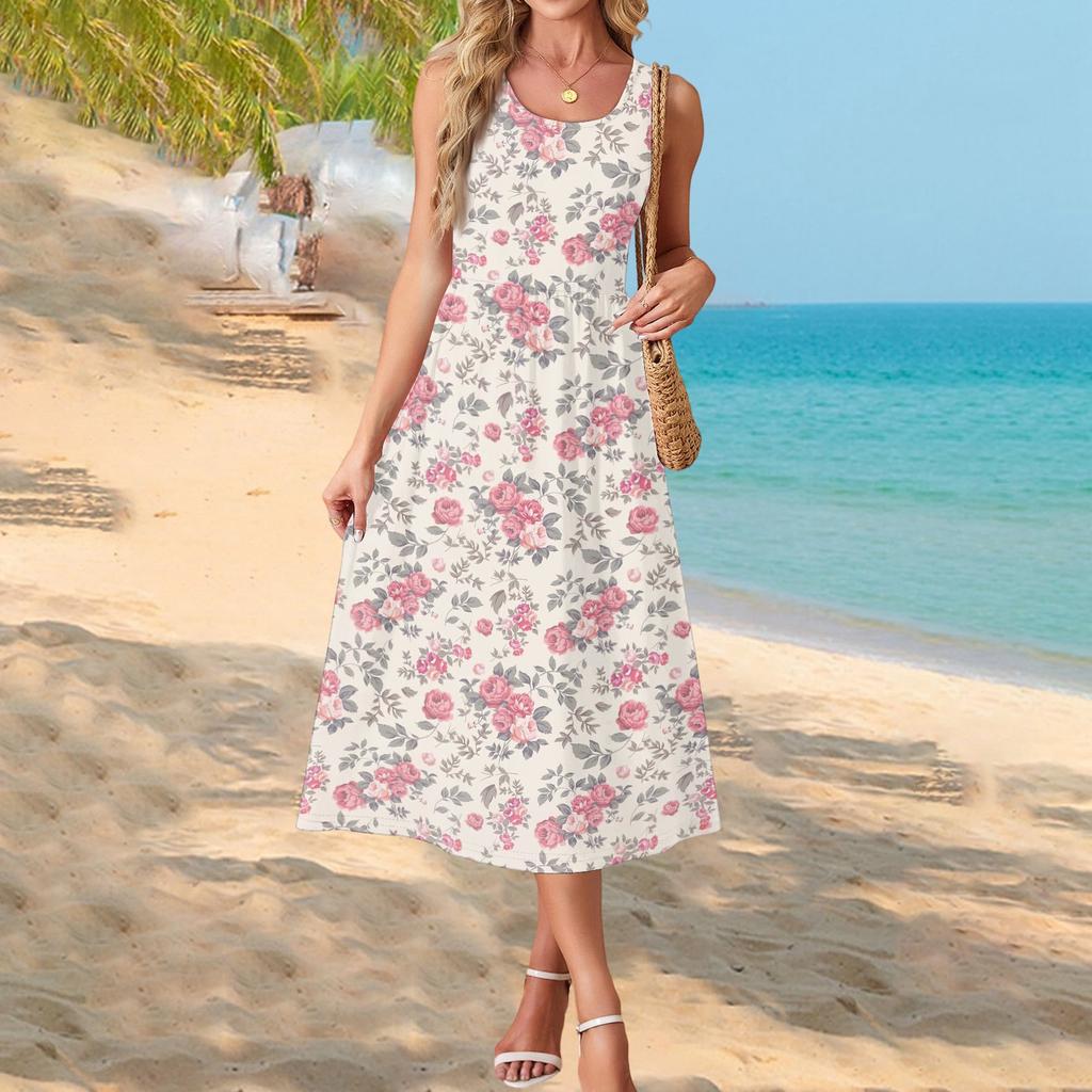 Ärmelloses Maxikleid mit Blumenprint für Damen, lässiger lockerer Schnitt, Sommer-Maxikleid mit Taschen, Rundhalsausschnitt