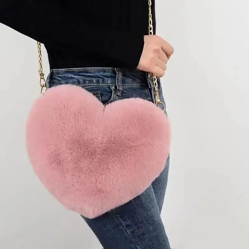 Chic plush heart shaped chain crossbody bag-stylish shoulder bag for everyday glam-durable & soft, perfect gift idea for bamboo