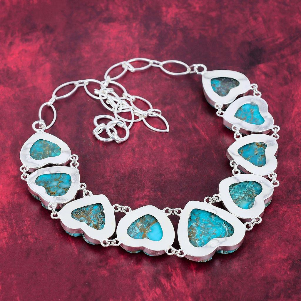 Blå turkos handgjord ädelstenshalsband, 925 massivt sterlingsilver antik smycke, justerbart kedjehalsband, för förlovningspresent