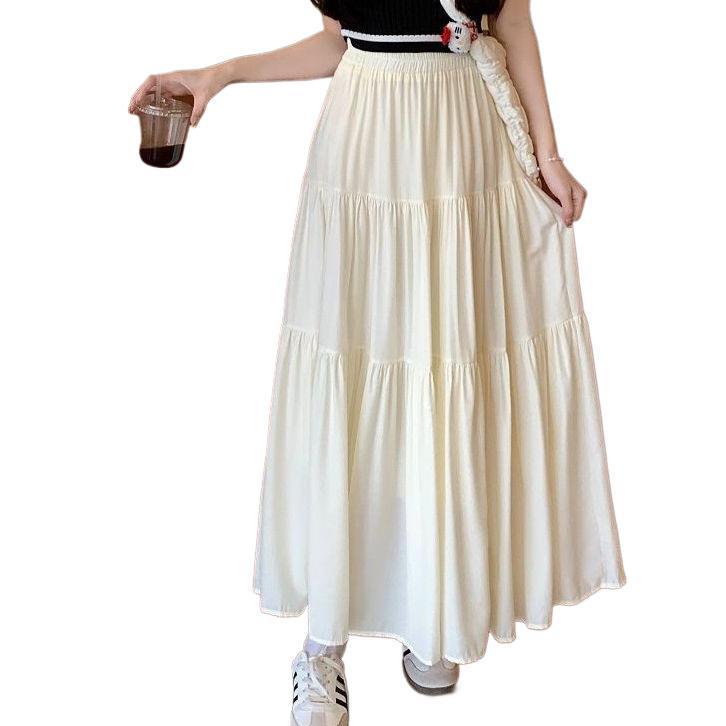 Sweet Petite Slimming Pleated Long Skirt: Lined, Layered, Solid Color, Waist-Cinching Half-Skirt for Women