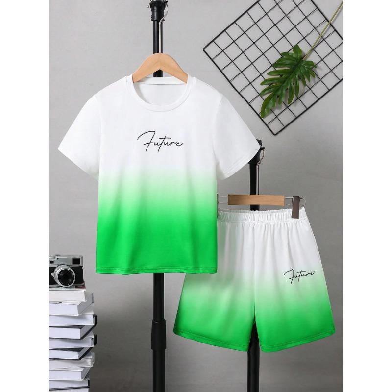 Best-Selling New Style Suit for Girls and Boys, Simple and Fashionable Gradient Letter Printed Short-Sleeved Shorts Suit, Casual Holiday Style