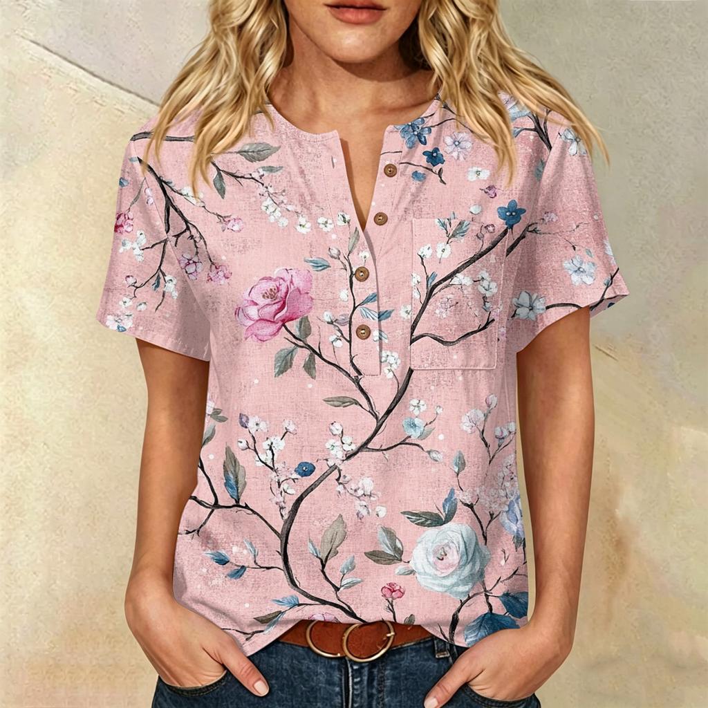Women’s Fashion Printed Short Sleeve Cotton Linen Shirt with Henley Button Neckline and Chest Pocket for Casual Wear
