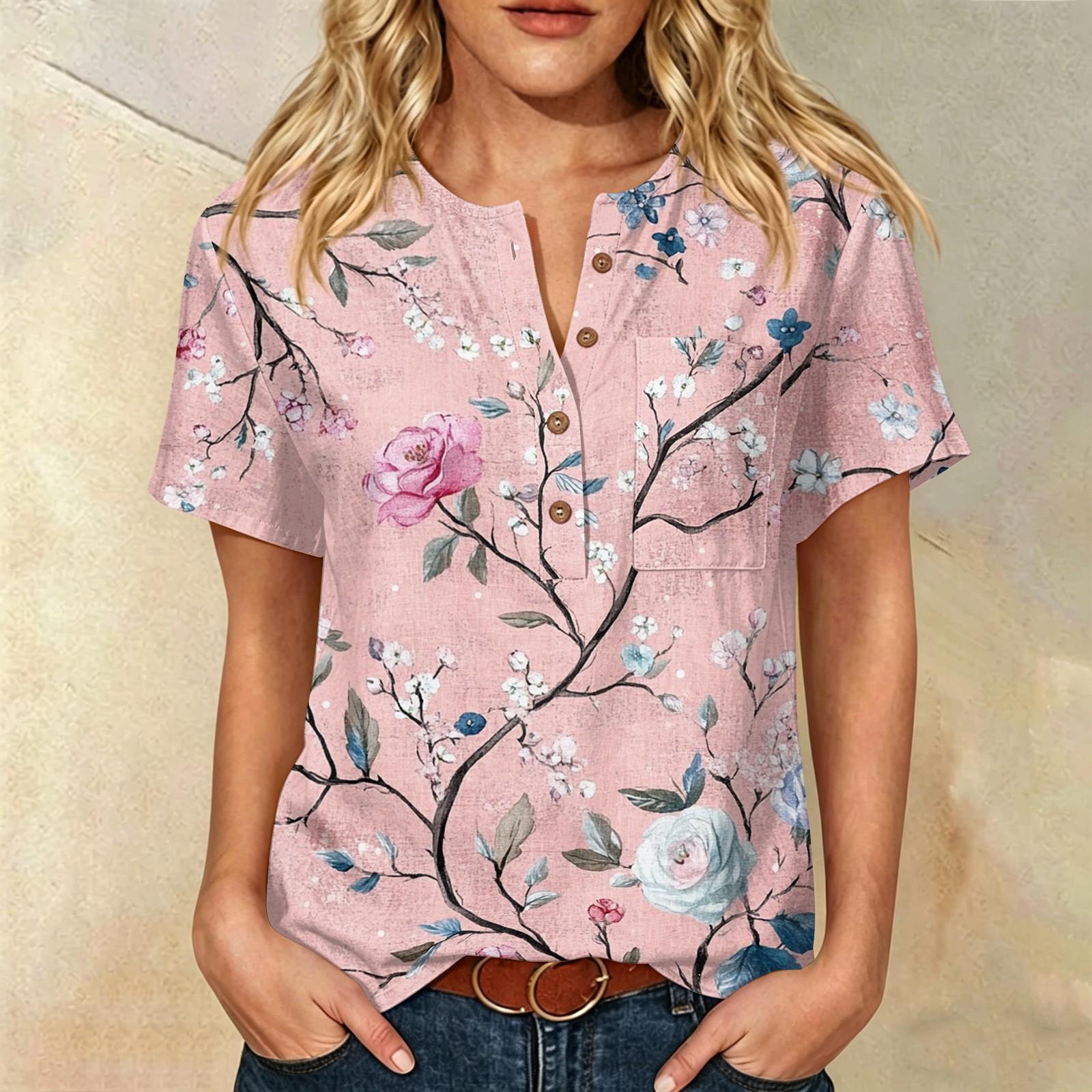 

Women’s Fashion Printed Pattern Henley Button Neck Chest Pocket Short Sleeve Cotton Linen Shirt Top for Casual Wear XL рожевий