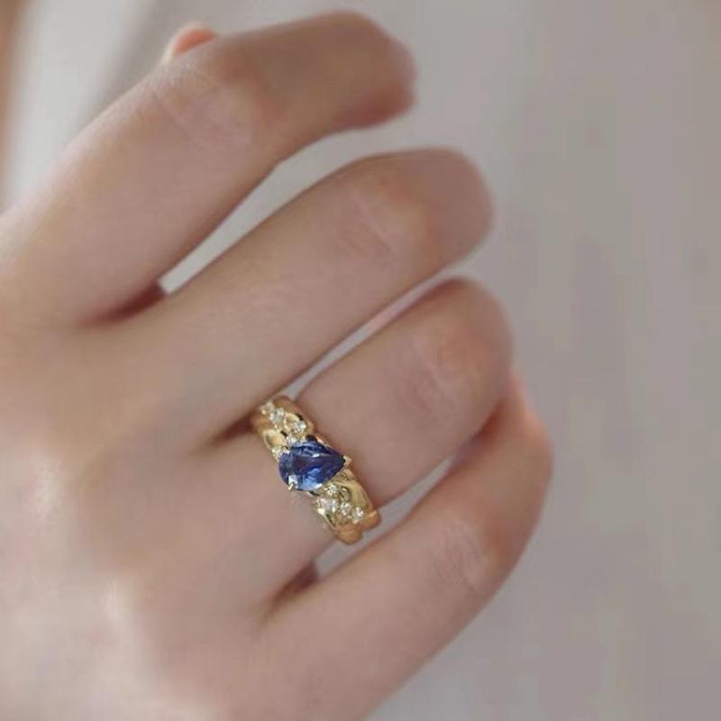 Pre-owned French Blue Zircon Gold-Plated Adjustable Ring - Women s Niche High-End Cool Style Adjustable Open