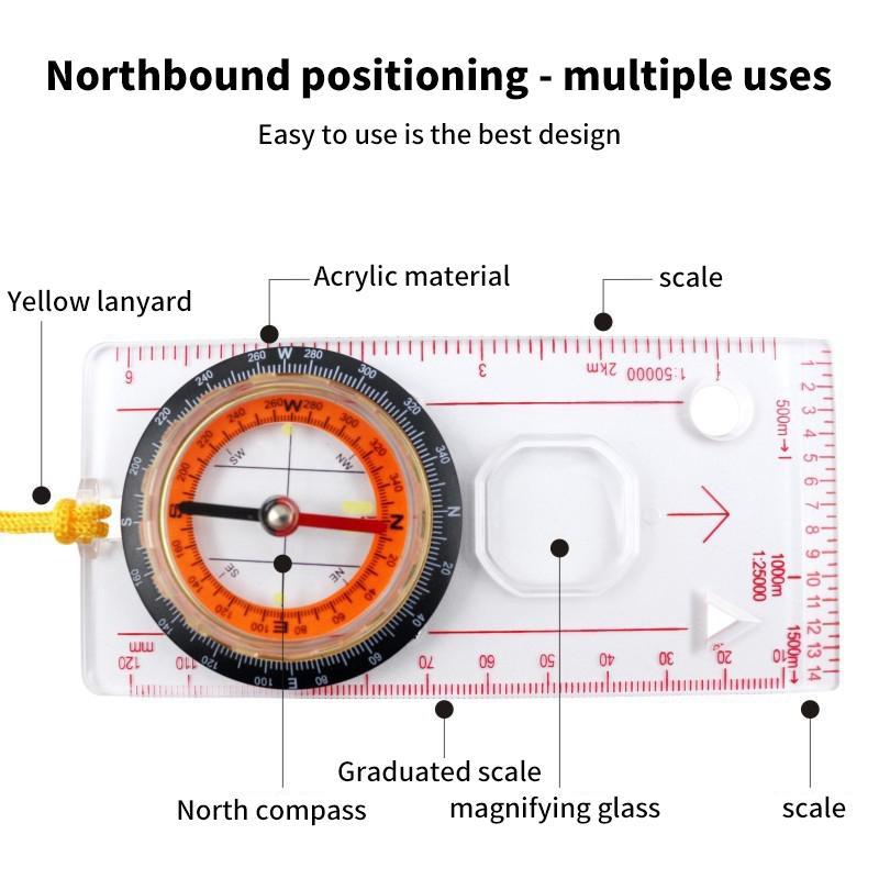 Portable Compass Scale Ruler Multifunction Map Ruler With Lanyard For Outdoor Camping Hiking