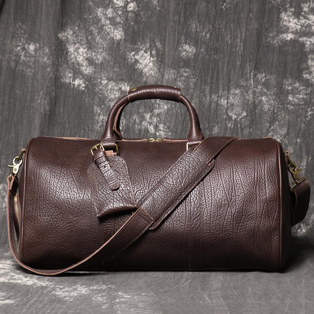 Men S Genuine Leather Portable Fitness Bag, Cowhide Shoulder Crossbody Duffel Bag, Business Travel Bag With Shoe Space