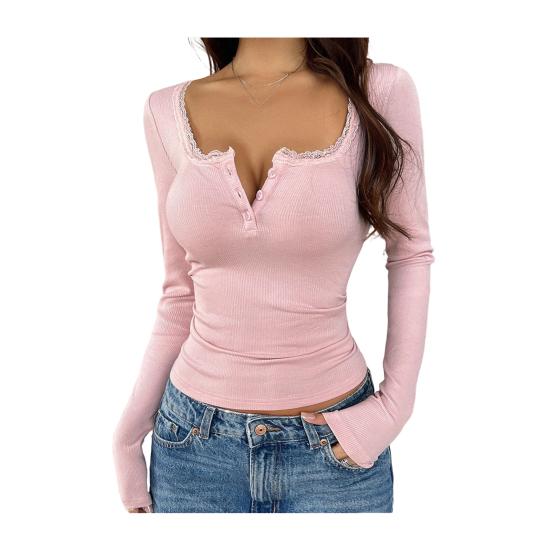 

Жіночі топи звичайного крою з довгим рукавом, V-подібним вирізом, мереживним оздобленням, пуловери, однотонні, осінньо-зимові блузки для повсякденного носіння S рожевий